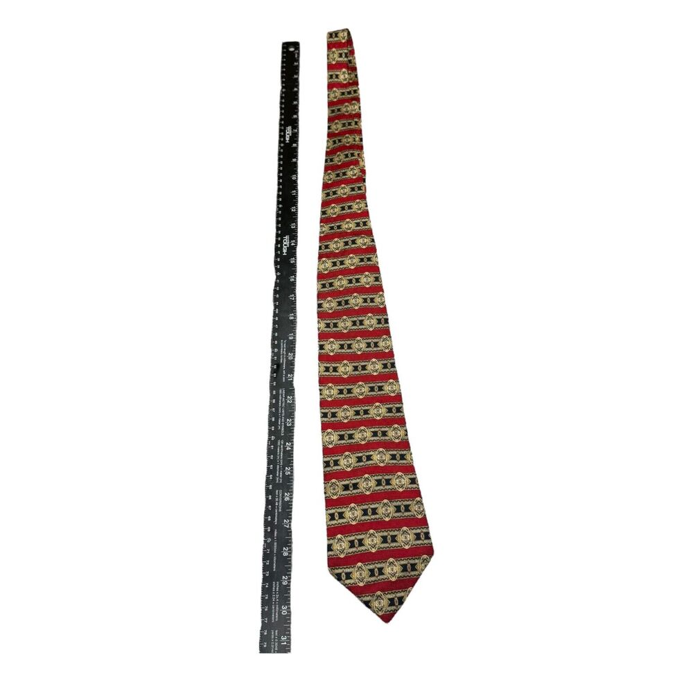 Roundtree & Yorke Mens Necktie 100% Silk Red Medallion Striped Formal 30" Length - Picture 6 of 7